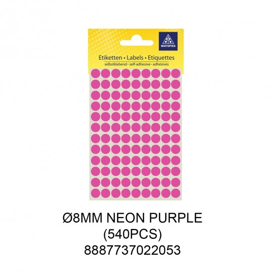 MAYSPIES MS008 COLOUR DOT LABEL / 5 SHEETS/PKT / 540PCS / ROUND 8MM NEON PURPLE